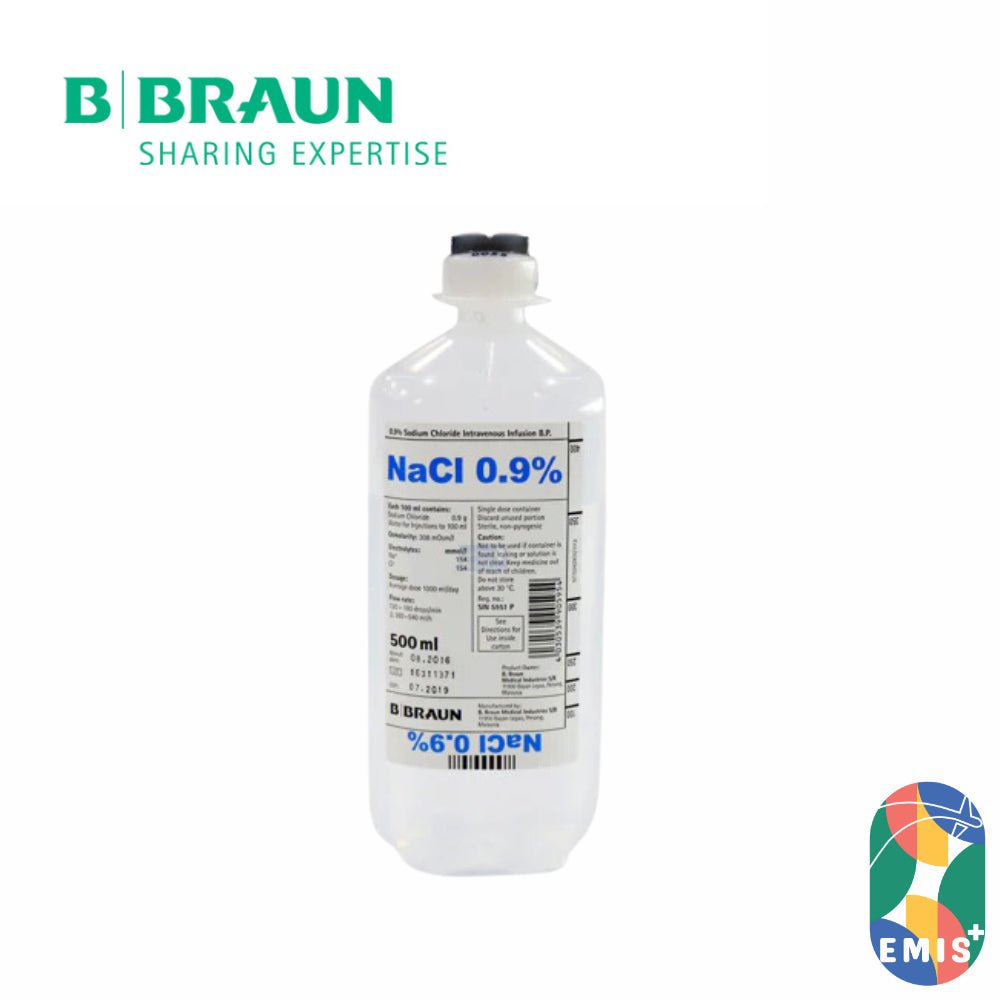 BBraun Saline Sodium Chloride Intravenous Infusion, B. P. 0.9% 500ml EMIS+