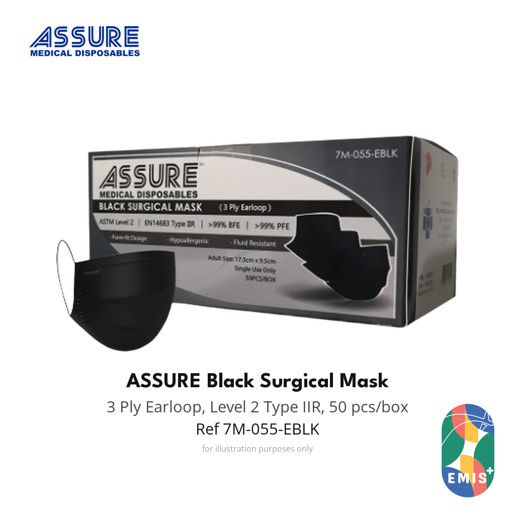 ASSURE black 3-ply surgical face mask, 3 box bundle of 150 masks, EMIS+ product image 3 of 3