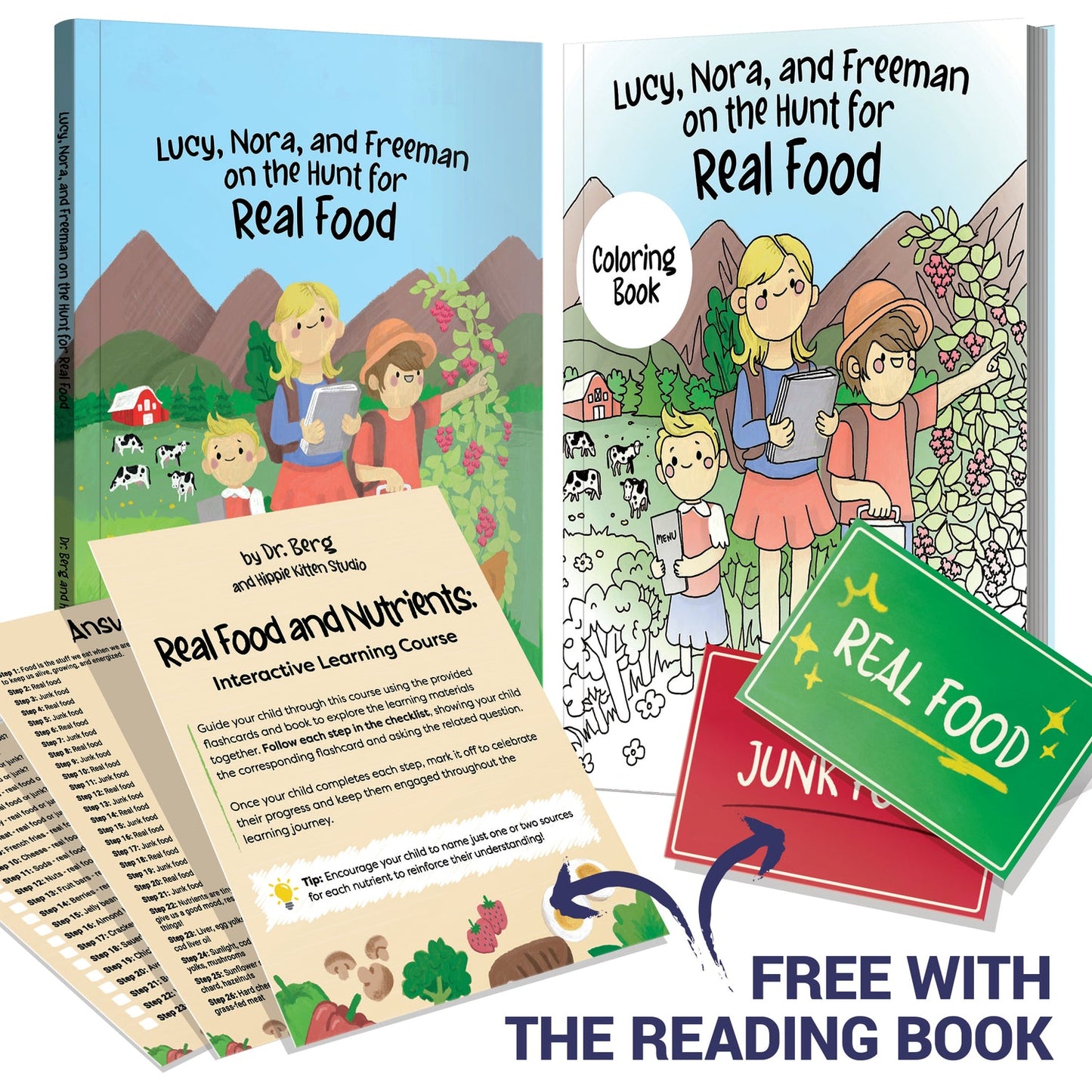 Lucy, Nora, and Freeman on the Hunt for Real Food - Story Book, Coloring Book, Flashcards