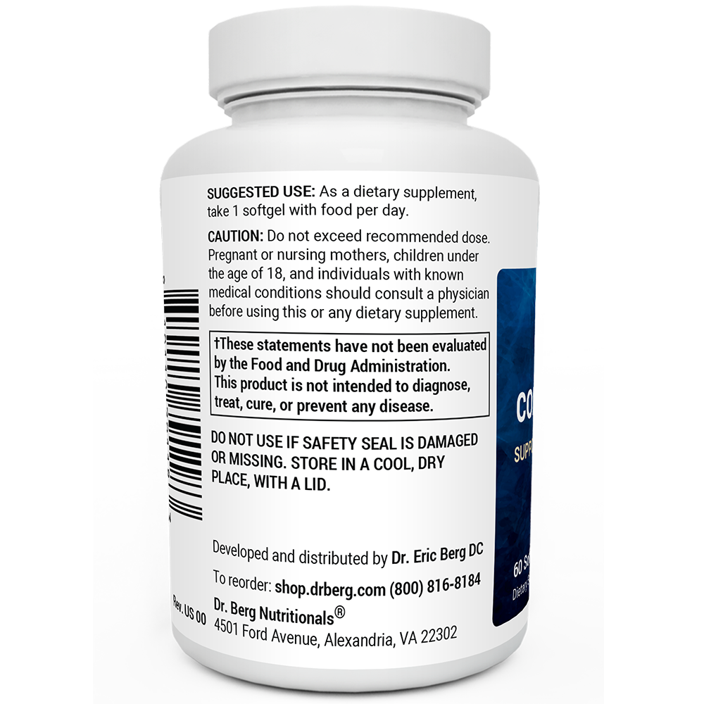 Dr Berg Wild-Caught Omega-3 Cod Liver Fish Oil DHA EPA – 60 Softgels bottle label with usage instructions