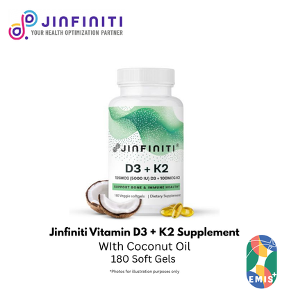 Jinfiniti Vitamin D3 + K2 Supplement with Coconut Oil - 180 Softgels