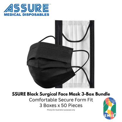 Bundle of 3 ASSURE Black Surgical Face Mask 3 Ply with Earloop 50 Pieces per Box