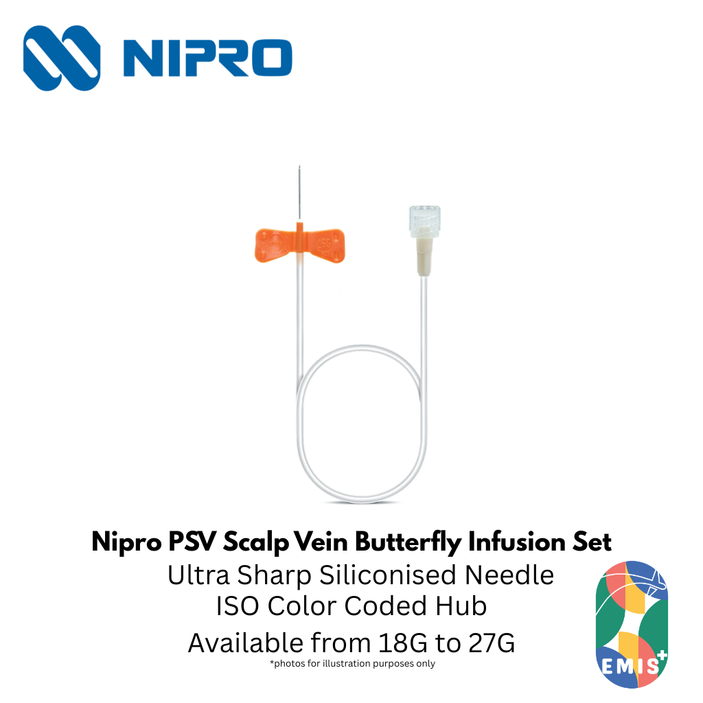 Nipro PSV Set (Scalp Vein / Butterfly Infusion Set) – 18G – 27G – Nipro medical device available at EMIS+ Singapore