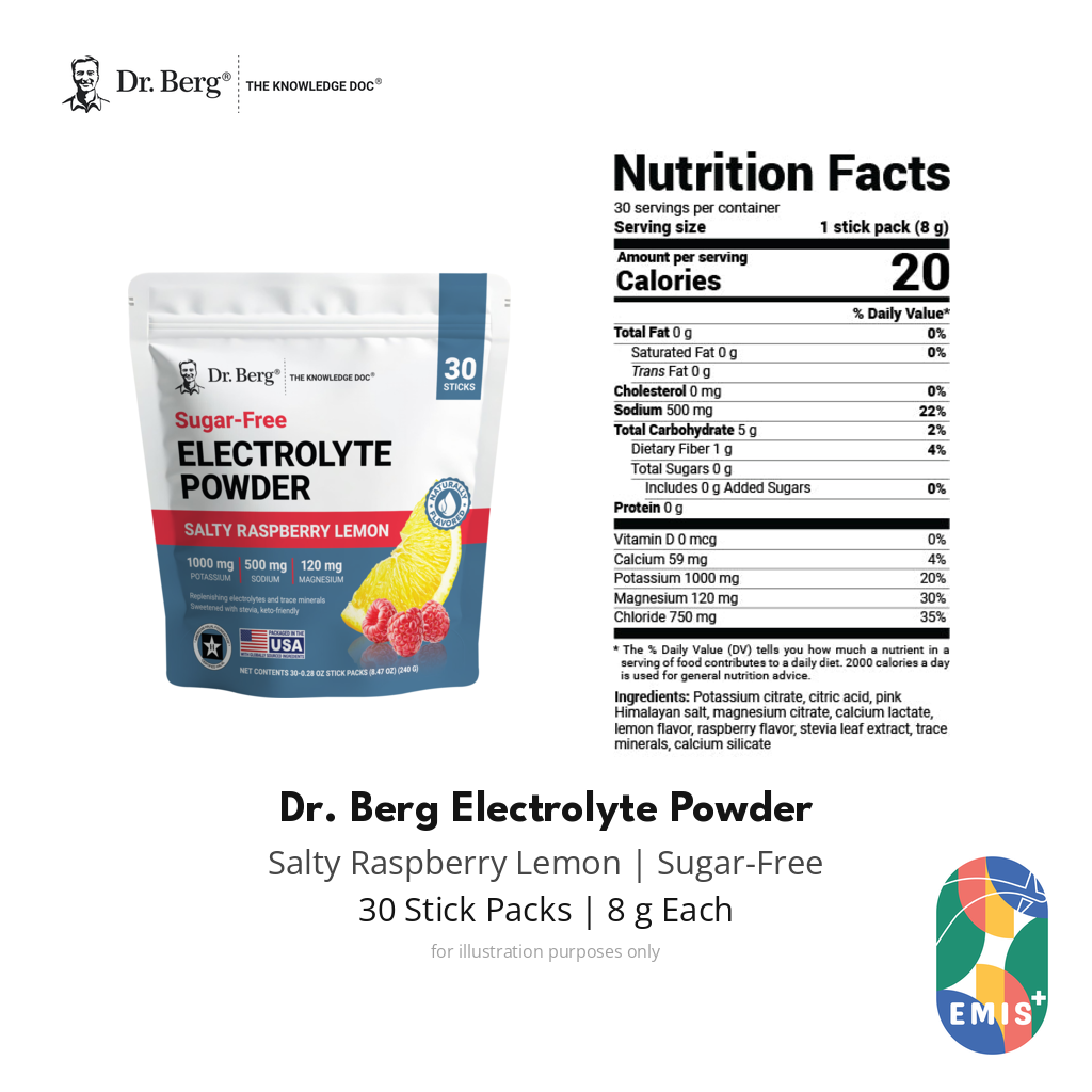 Nutrition Facts panel for Dr. Berg Salty Raspberry Lemon electrolyte powder, 30 sticks