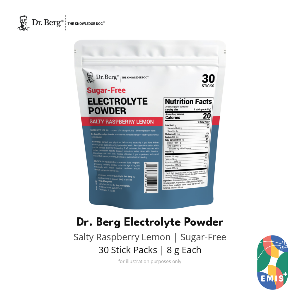 Back of Dr. Berg Salty Raspberry Lemon electrolyte powder pouch showing product label