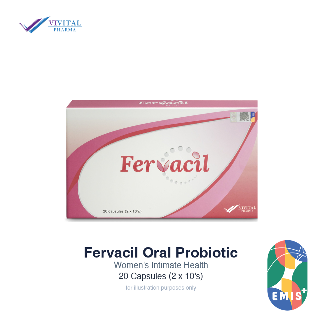 Fervacil Oral Probiotic 20 capsules, box front, EMIS+