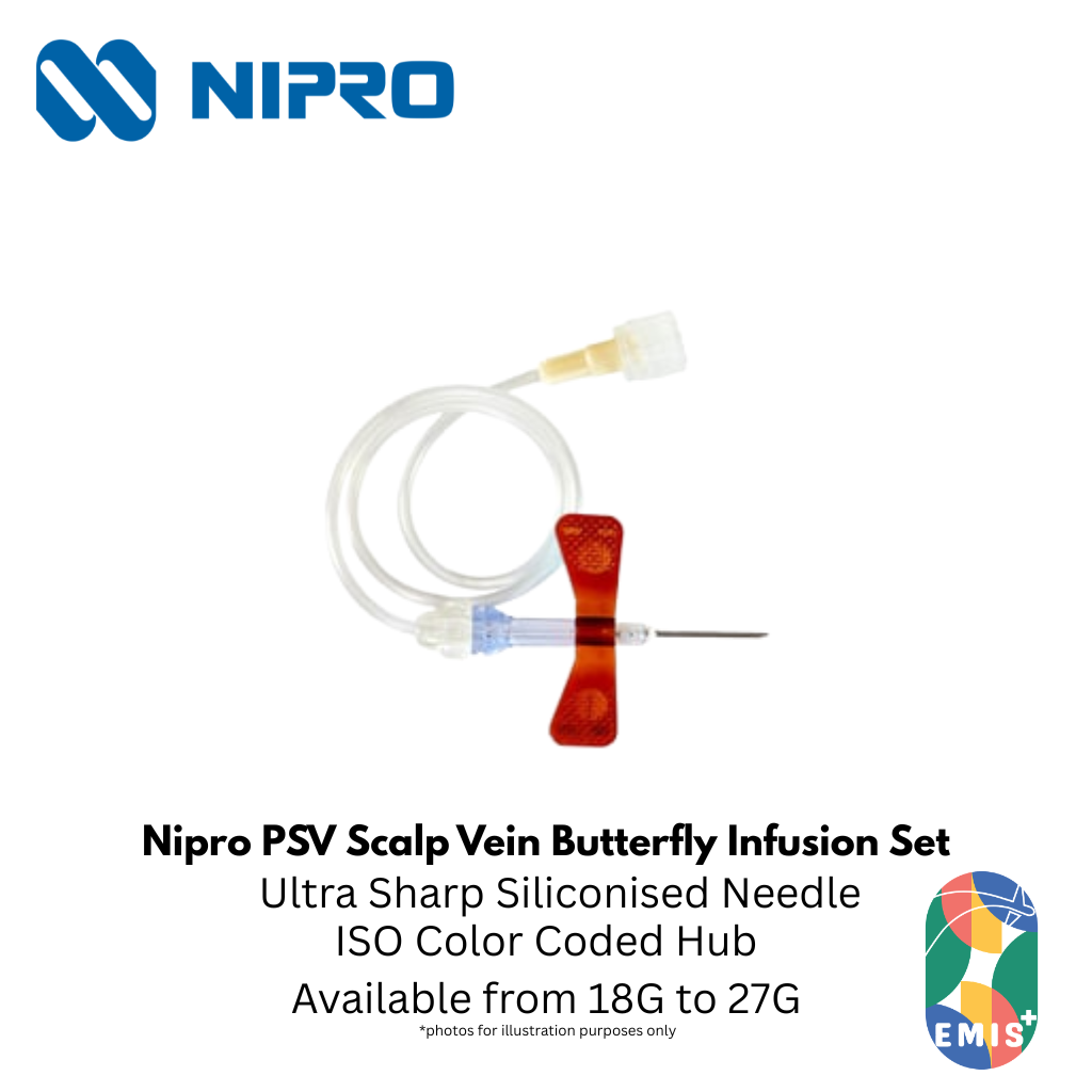Nipro PSV Set (Scalp Vein / Butterfly Infusion Set) – 18G – 27G – Nipro medical device available at EMIS+ Singapore