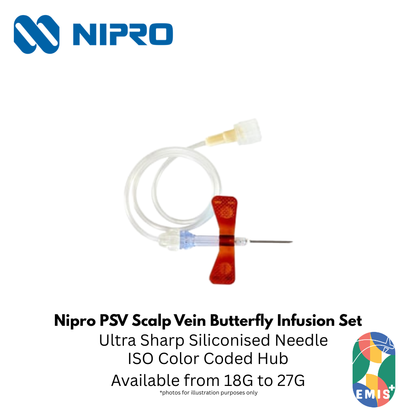 Nipro PSV Set (Scalp Vein / Butterfly Infusion Set) – 18G – 27G – Nipro medical device available at EMIS+ Singapore