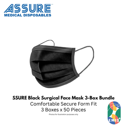Bundle of 3 ASSURE Black Surgical Face Mask 3 Ply with Earloop 50 Pieces per Box