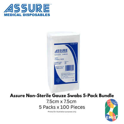 Bundle of 5 ASSURE Gauze Swab Non Sterile 7.5cm x 7.5cm 8 Ply 100 Pieces per Pack