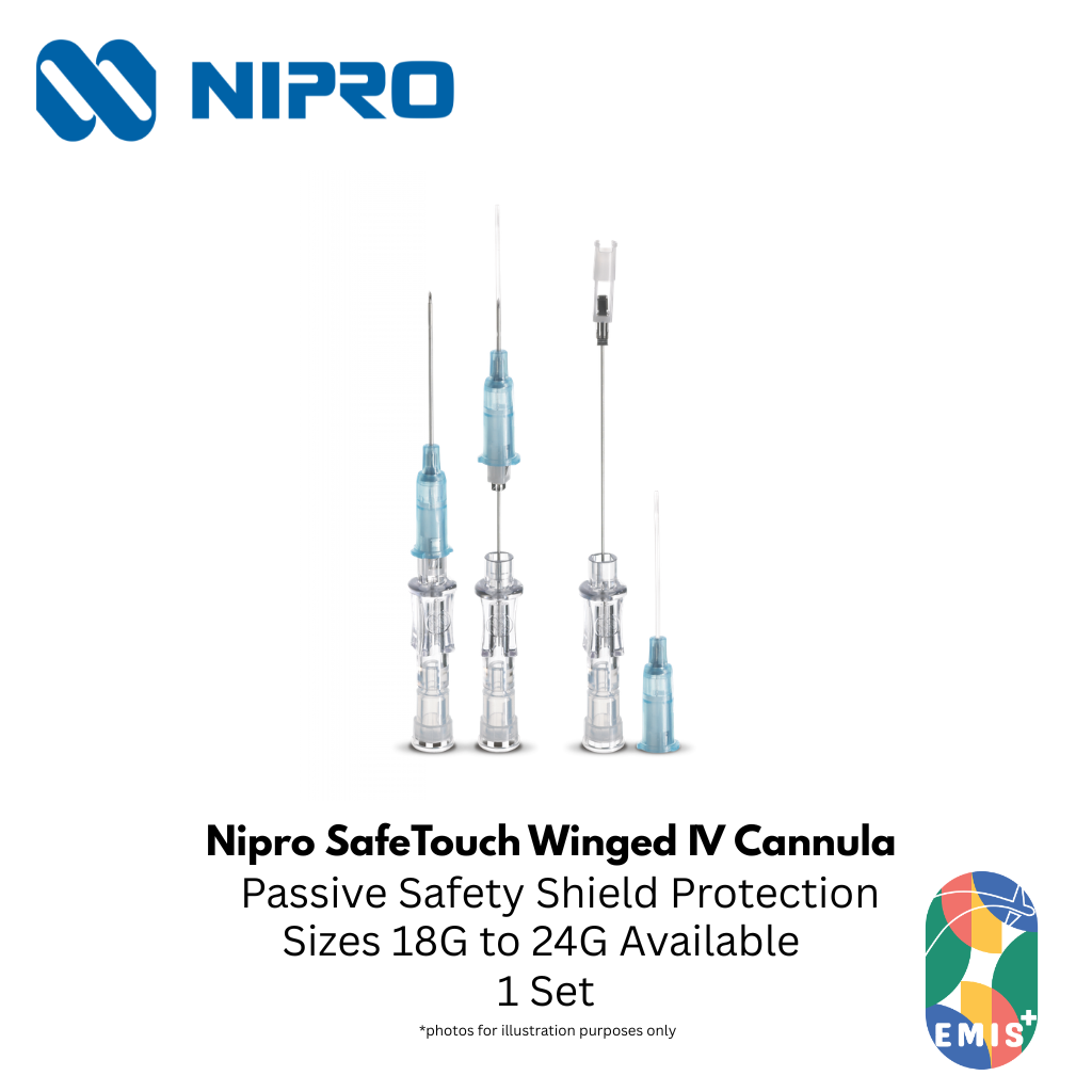 Nipro SafeTouch Winged IV Cannula – Safety-Engineered, ± Injection Port (18G – 24G) – Nipro medical device available at EMIS+ Singapore