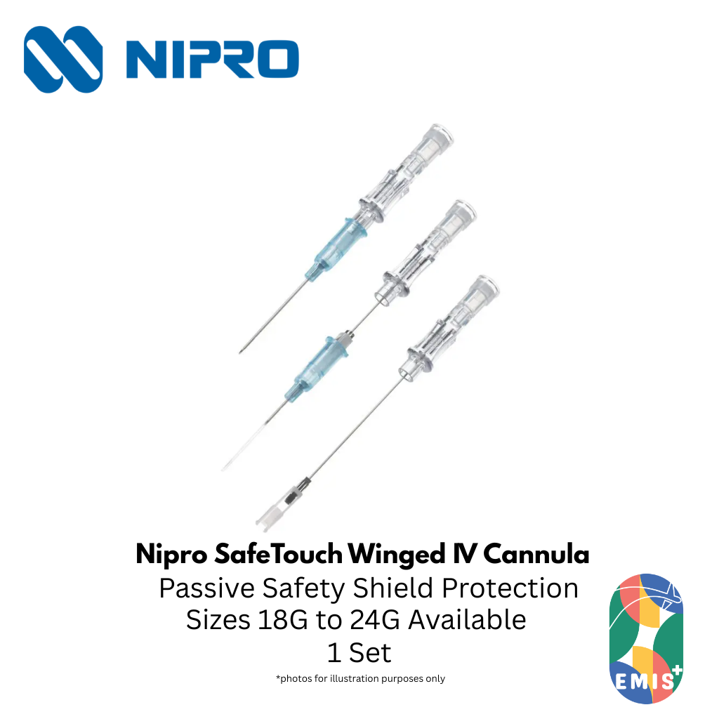 Nipro SafeTouch Winged IV Cannula – Safety-Engineered, ± Injection Port (18G – 24G) – Nipro medical device available at EMIS+ Singapore