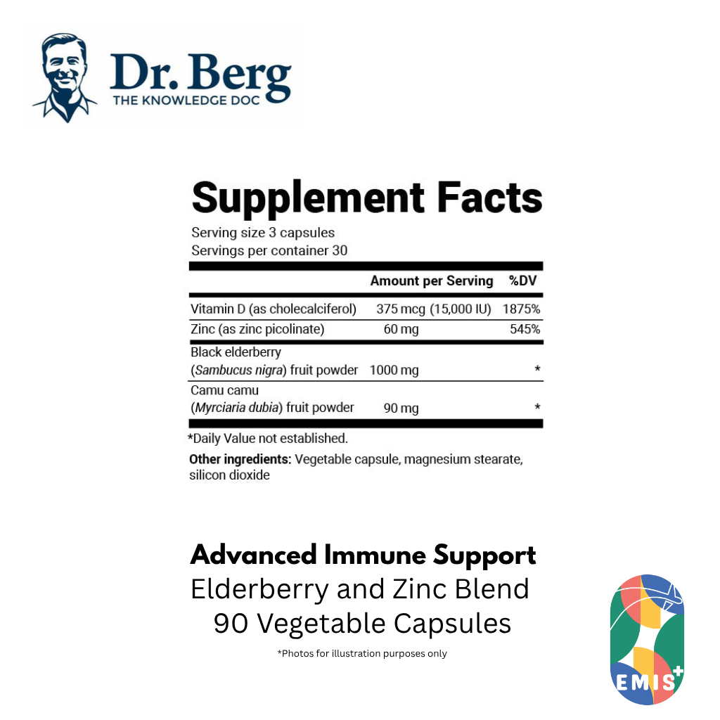 Dr Berg Advanced Immune Support 1000 mg Black Elderberry with Vitamin D3 and Zinc 90 Vegetable Capsules