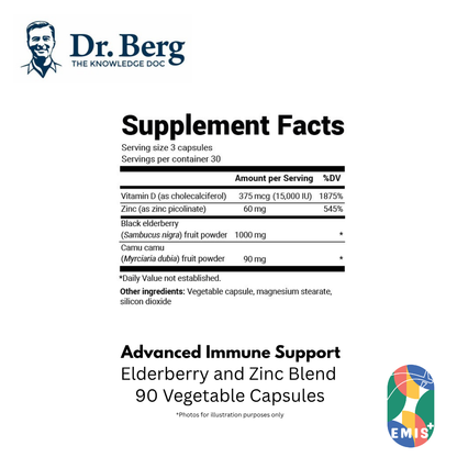 Dr Berg Advanced Immune Support 1000 mg Black Elderberry with Vitamin D3 and Zinc 90 Vegetable Capsules