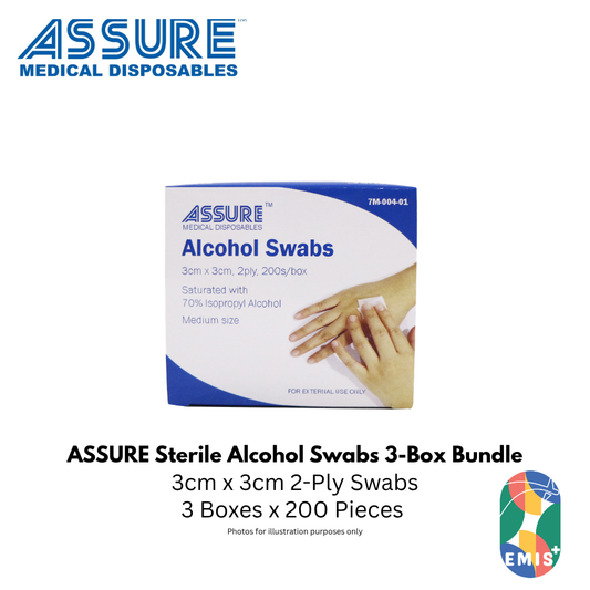 [Bundle of 3] ASSURE Alcohol Swab Sterile 3cm x 3cm 2-Ply 200 Pieces per Box
