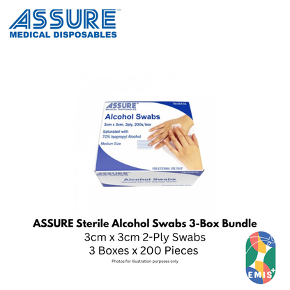 [Bundle of 3] ASSURE Alcohol Swab Sterile 3cm x 3cm 2-Ply 200 Pieces per Box