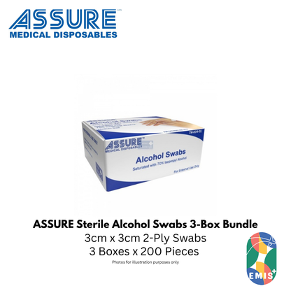 [Bundle of 3] ASSURE Alcohol Swab Sterile 3cm x 3cm 2-Ply 200 Pieces per Box