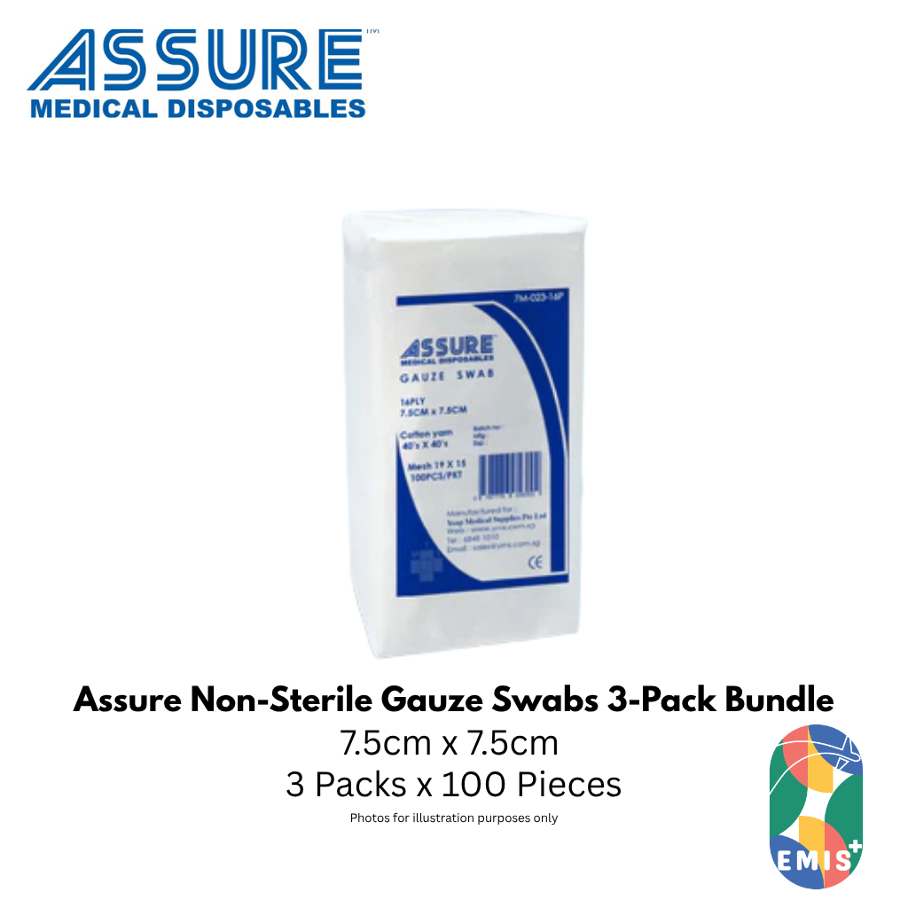 Bundle of 3 Assure Gauze Swab Non Sterile 7.5cm x 7.5cm 16 Ply Mesh 19x15 100 Pieces Per Pack