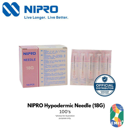 [100s] NIPRO Hypodermic Needle 18G x 1.5" (38mm) | Thin Wall Drawing Needle | Sterile | Pink Hub EMIS+