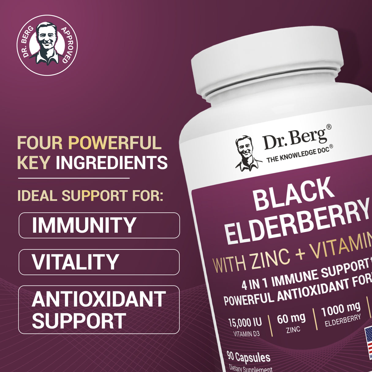 Advanced Immune Support – 1000 mg Black Elderberry with Vitamin D3 & Zinc – 90 Vegetable Capsules