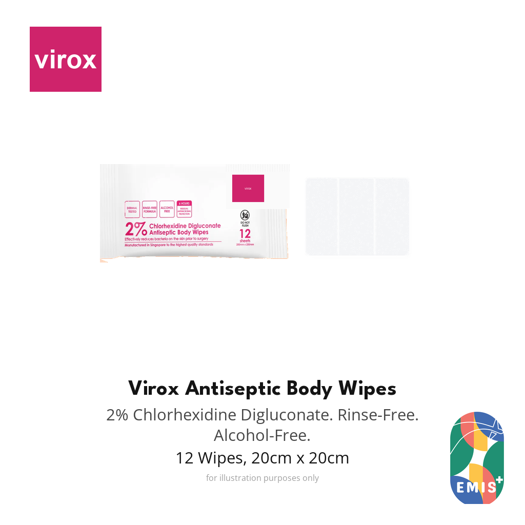 [2 Packs | 24s] Virox 2% Chlorhexidine Antiseptic Body Wipes 20cm x 20cm EMIS+