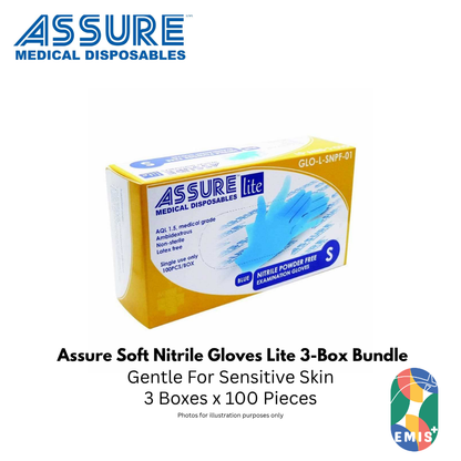 Bundle of 3 Assure Soft Nitrile Gloves Lite Powder Free Blue 100 Pcs per Box
