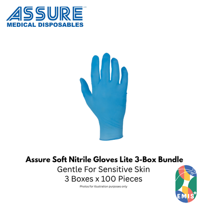 Bundle of 3 Assure Soft Nitrile Gloves Lite Powder Free Blue 100 Pcs per Box