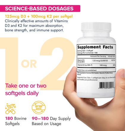 Jinfiniti Vitamin D3 + K2 Supplement with Coconut Oil - 180 Softgels