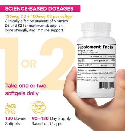 Jinfiniti Vitamin D3 + K2 Supplement with Coconut Oil - 180 Softgels