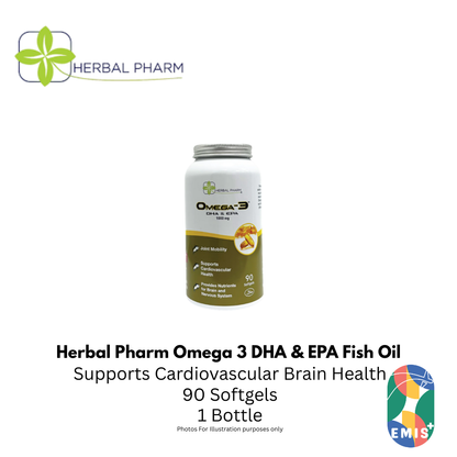 Herbal Pharm Omega 3 DHA and EPA Fish Oil Supplement for Heart Brain and Joint Health 90 Softgels