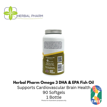 Herbal Pharm Omega 3 DHA and EPA Fish Oil Supplement for Heart Brain and Joint Health 90 Softgels
