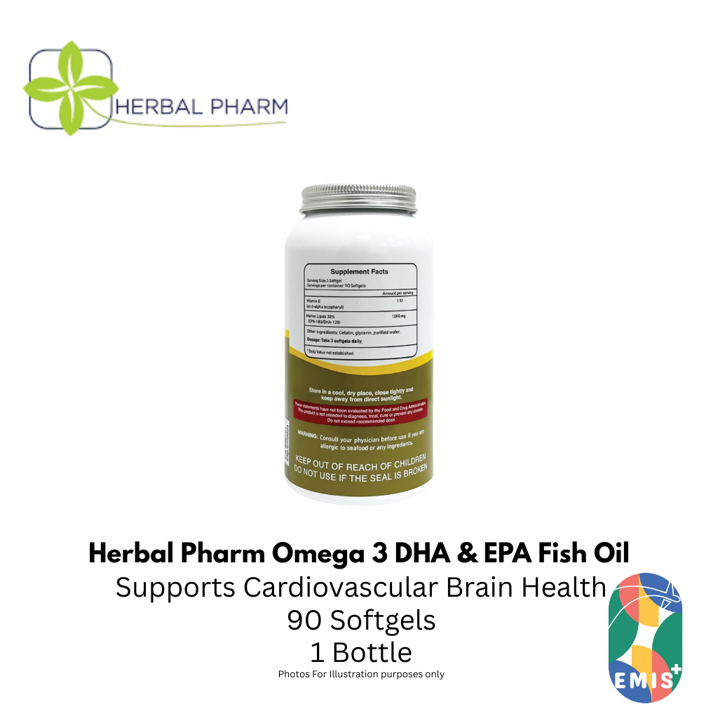 Herbal Pharm Omega 3 DHA and EPA Fish Oil Supplement for Heart Brain and Joint Health 90 Softgels
