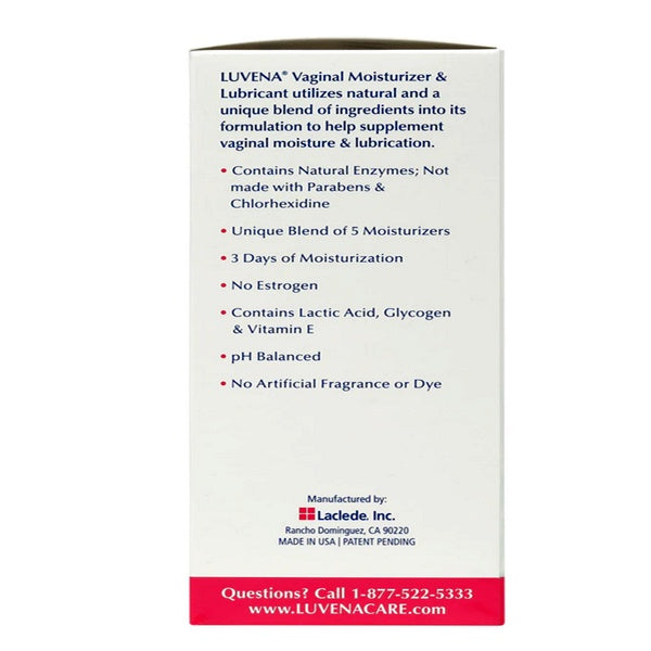 Back of LUVENA Vaginal Moisturizer & Lubricant box with ingredient details and benefits listed.