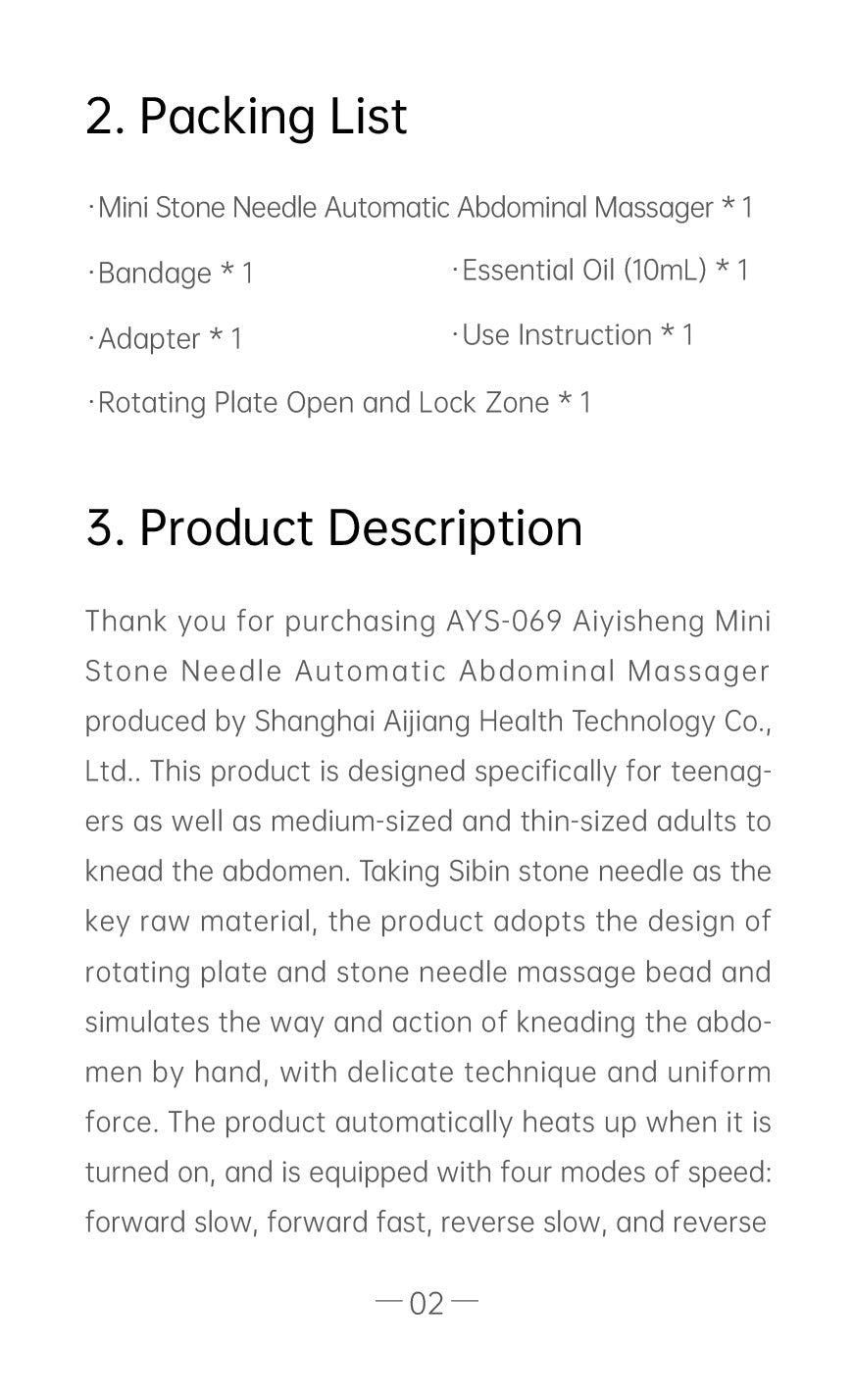 Mini Stone Needle Automatic Abdominal Massager AYS-069 official English manual page 4