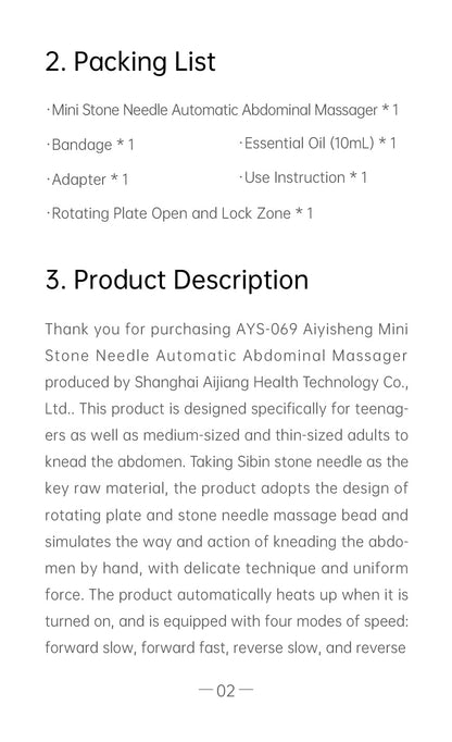Mini Stone Needle Automatic Abdominal Massager AYS-069 official English manual page 4