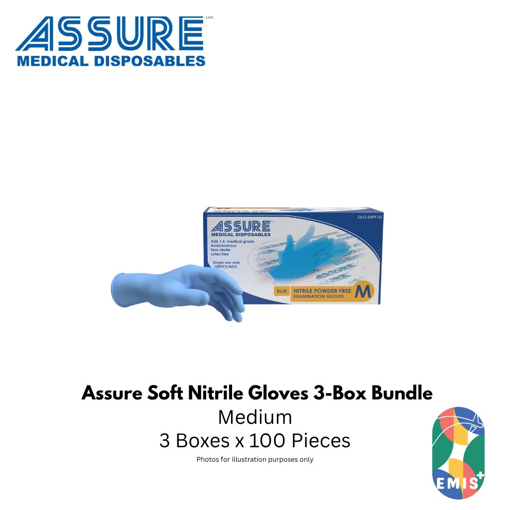 Bundle of 3 Assure Soft Nitrile Gloves Powder Free Blue 100 Pce/Box