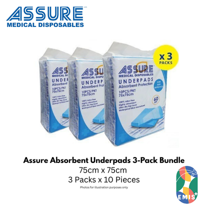 Bundle of 3 Assure Underpads 30" x 30" 75cm x 75cm 60G 10 Pce/Pkt
