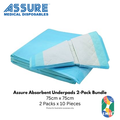 Bundle of 2 Assure Underpads 30in x 30in 75cm x 75cm 80g 10 Pieces Per Pack