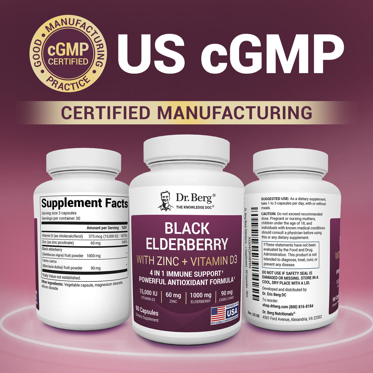 Advanced Immune Support – 1000 mg Black Elderberry with Vitamin D3 & Zinc – 90 Vegetable Capsules