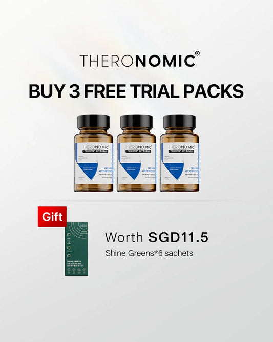 Theronomic Tribiotic Gut Shield 30 capsules*3 bottles Free Shine Greens*6 sachets