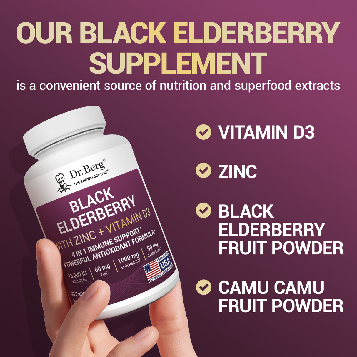 Advanced Immune Support – 1000 mg Black Elderberry with Vitamin D3 & Zinc – 90 Vegetable Capsules