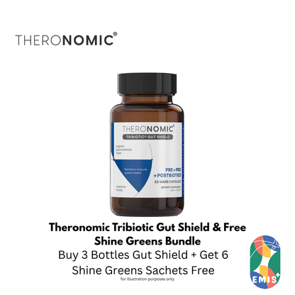 Bundle Sales Theronomic Tribiotic Gut Shield 30 Capsules Buy 3 Bottles Get Shine Greens 6 Sachets Free