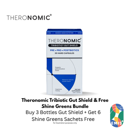 Bundle Sales Theronomic Tribiotic Gut Shield 30 Capsules Buy 3 Bottles Get Shine Greens 6 Sachets Free