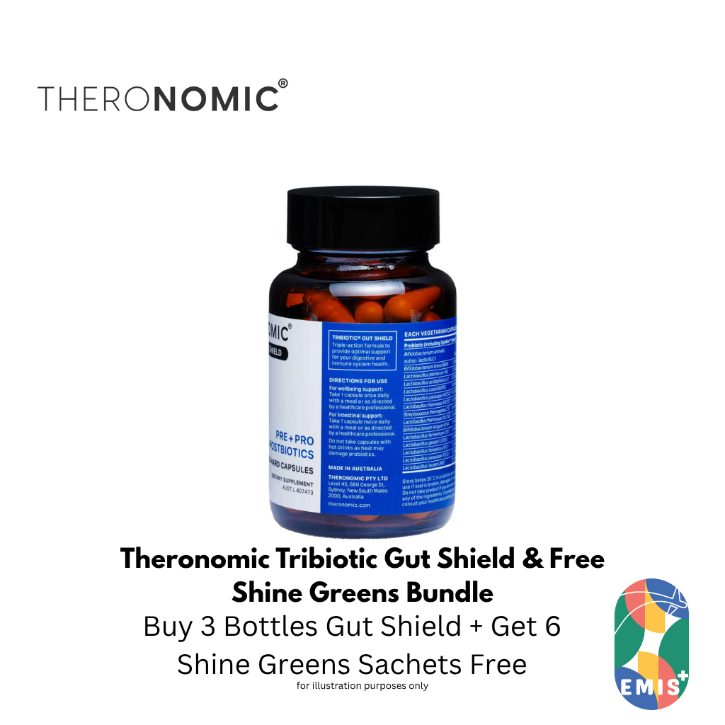 Bundle Sales Theronomic Tribiotic Gut Shield 30 Capsules Buy 3 Bottles Get Shine Greens 6 Sachets Free
