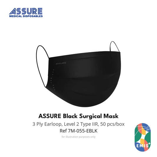 [3 Box Bundle] ASSURE Black Surgical Face Mask 3 Ply with Earloop 50 Pieces per Box