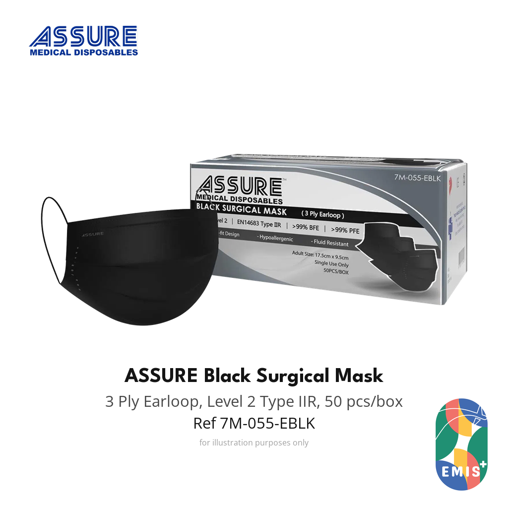 ASSURE black 3-ply surgical face mask, 3 box bundle of 150 masks, EMIS+ product image 2 of 3