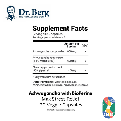 Dr. Berg 南非醉茄与 BioPerine：最大程度缓解压力（90 粒素食胶囊）