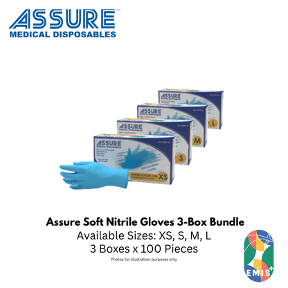 Bundle of 3 ASSURE Soft Nitrile Gloves Powder Free Blue 100 Pcs Per Box