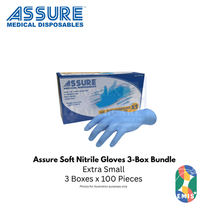 Bundle of 3 ASSURE Soft Nitrile Gloves Powder Free Blue 100 Pcs Per Box