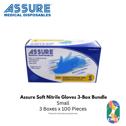 Bundle of 3 ASSURE Soft Nitrile Gloves Powder Free Blue 100 Pcs Per Box